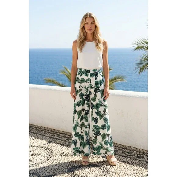 Mulla 2pc Outfit Set Womens small Multicolor Tropical Leaf Shirt wide leg Pants - Picture 2 of 8